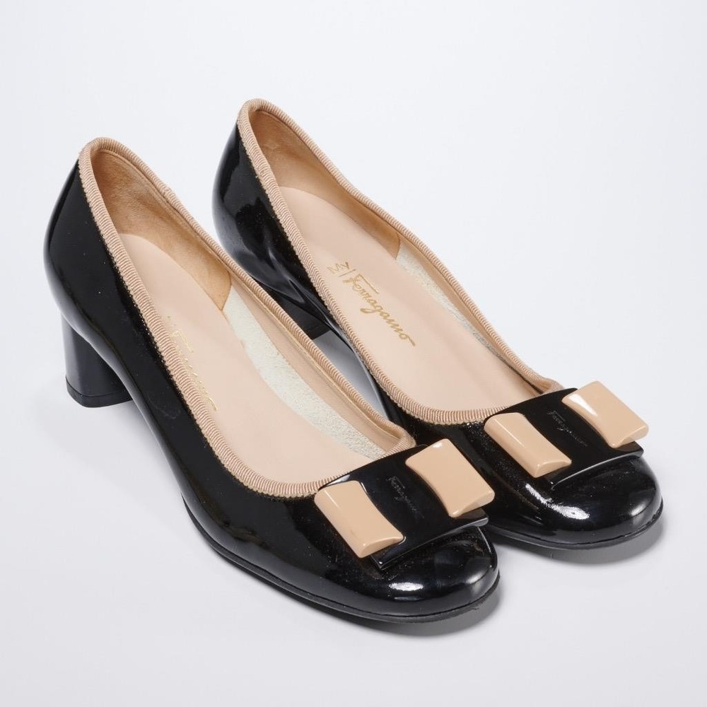 My Ferragamo Black Tan Nude Patent Leather Vara Bow Block Heel Pumps Shoes 6.5 B